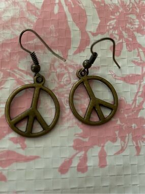 Bronze Peace Sign Dangle Earrings - Boho Style